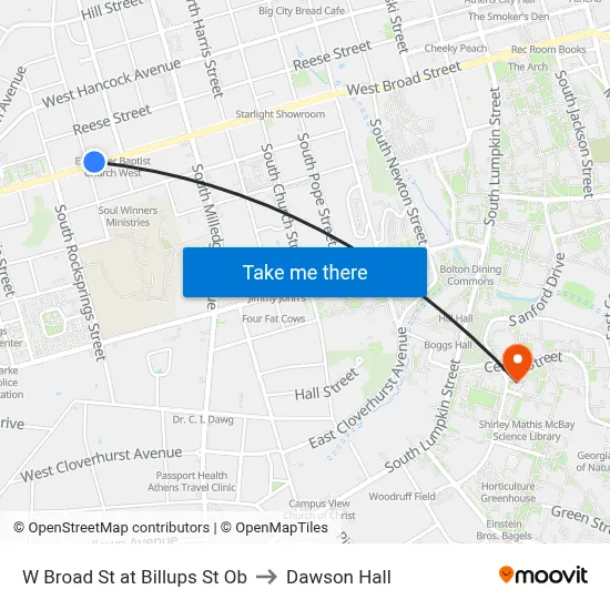 W Broad St at Billups St Ob to Dawson Hall map