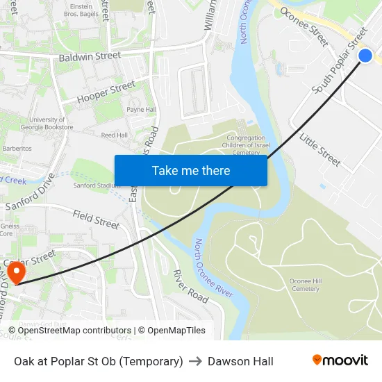 Oak at Poplar St Ob (Temporary) to Dawson Hall map