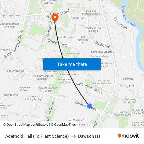 Aderhold Hall (To Plant Science) to Dawson Hall map