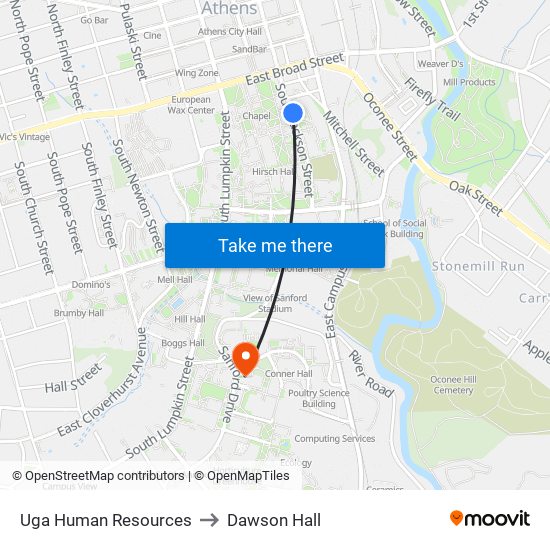 Uga Human Resources to Dawson Hall map