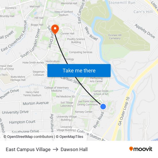 East Campus Village to Dawson Hall map