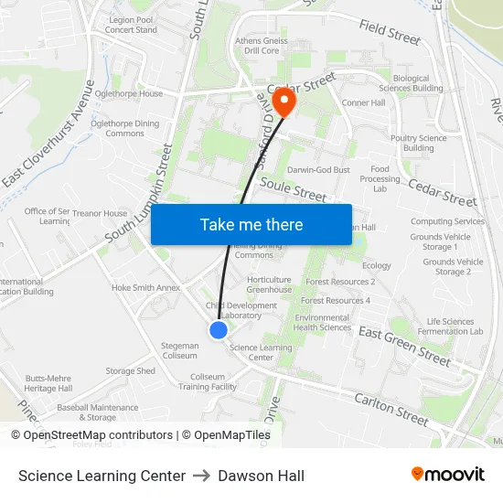 Science Learning Center to Dawson Hall map