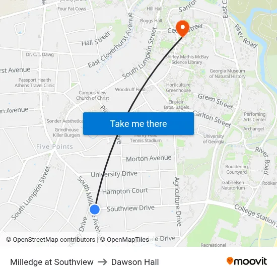 Milledge at Southview to Dawson Hall map