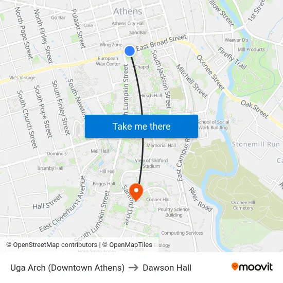 Uga Arch (Downtown Athens) to Dawson Hall map