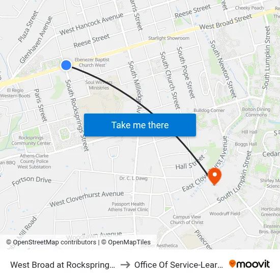 West Broad at Rocksprings Ob to Office Of Service-Learning map
