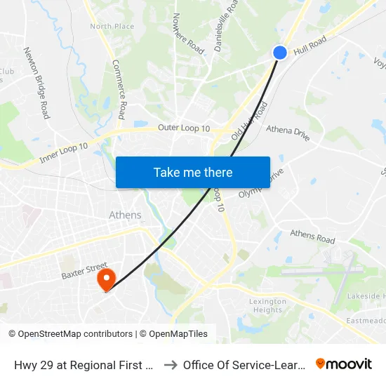 Hwy 29 at Regional First Care to Office Of Service-Learning map
