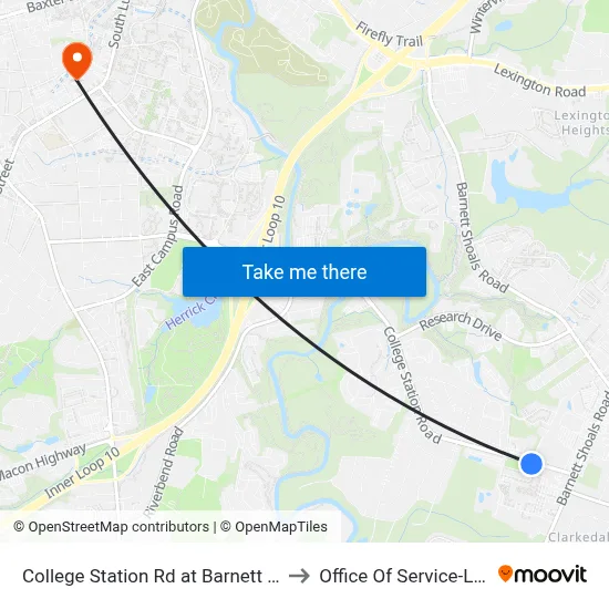 College Station Rd at Barnett Shoals Rd to Office Of Service-Learning map