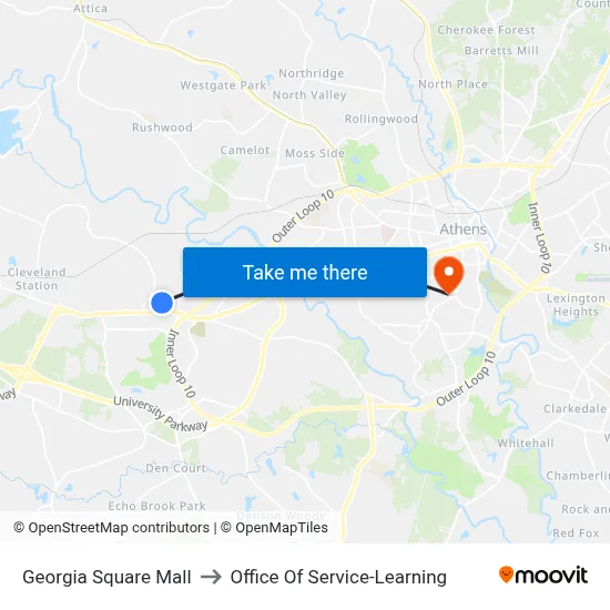 Georgia Square Mall to Office Of Service-Learning map