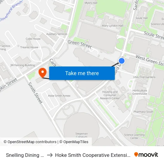 Snelling Dining Hall Ib to Hoke Smith Cooperative Extension Building map