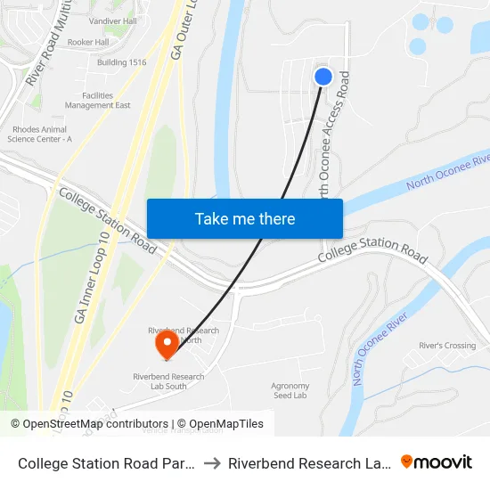 College Station Road Park & Ride to Riverbend Research Lab South map