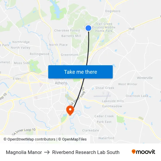 Magnolia Manor to Riverbend Research Lab South map