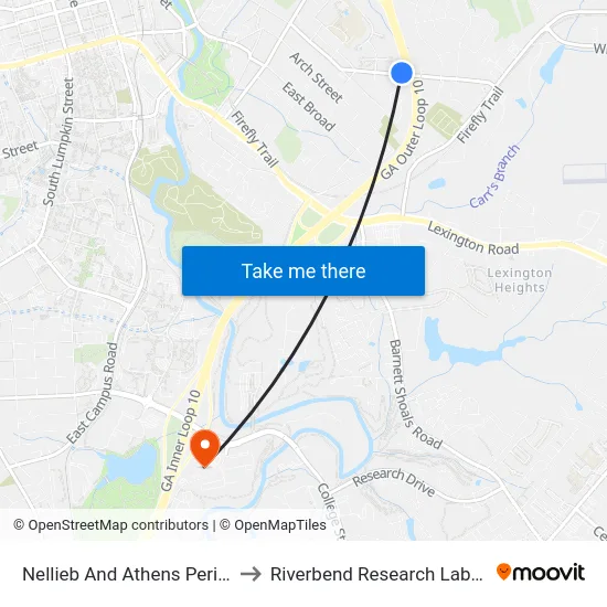 Nellieb And Athens Perimeter to Riverbend Research Lab South map