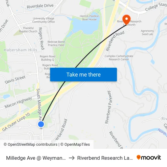 Milledge Ave @ Weymand Cir Sb to Riverbend Research Lab South map