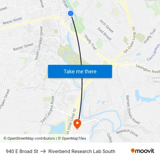 940 E Broad St to Riverbend Research Lab South map