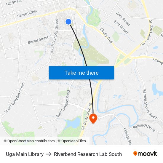 Uga Main Library to Riverbend Research Lab South map
