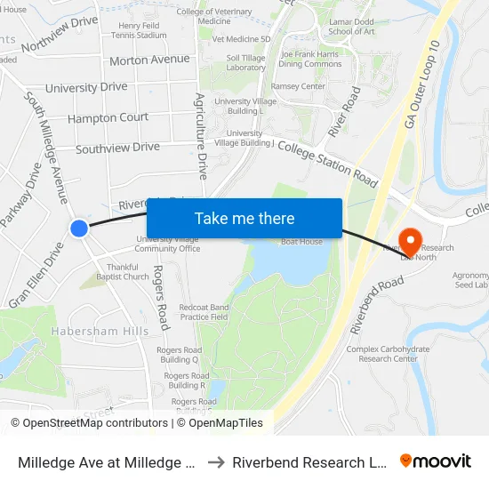 Milledge Ave at Milledge Ave Ext Ib to Riverbend Research Lab South map