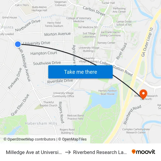 Milledge Ave at University Dr Ib to Riverbend Research Lab South map