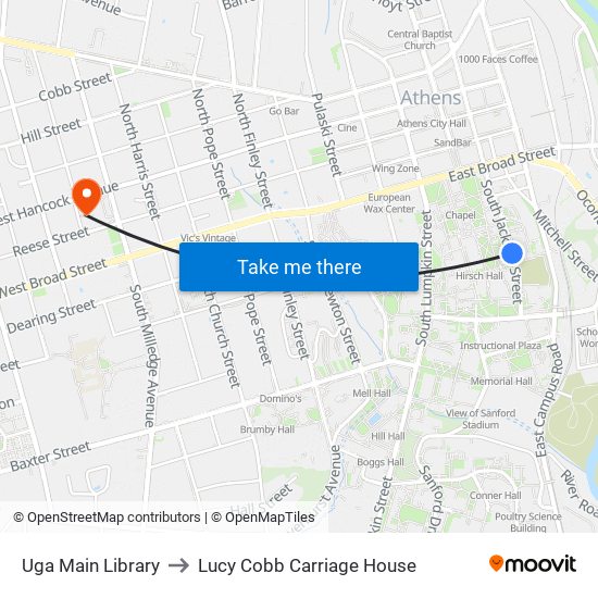 Uga Main Library to Lucy Cobb Carriage House map