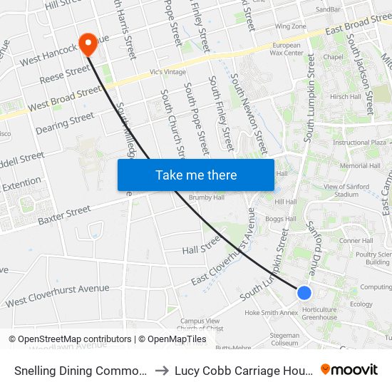 Snelling Dining Commons to Lucy Cobb Carriage House map