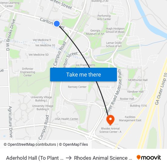 Aderhold Hall (To Plant Science) to Rhodes Animal Science Center - A map