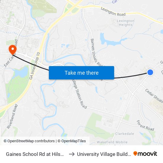 Gaines School Rd at Hilsman Ib to University Village Building H map