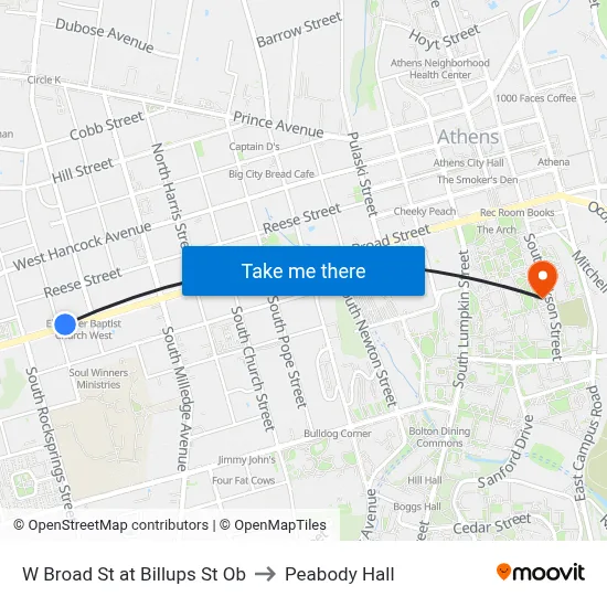 W Broad St at Billups St Ob to Peabody Hall map