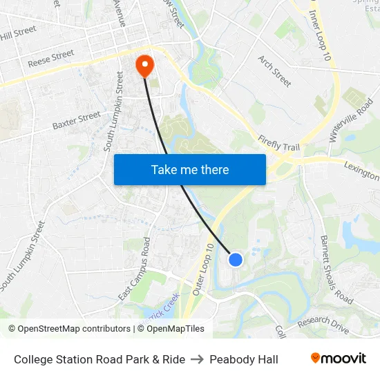 College Station Road Park & Ride to Peabody Hall map