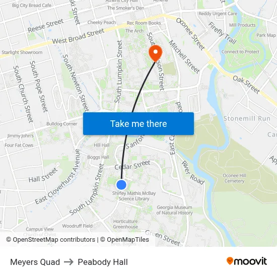Meyers Quad to Peabody Hall map