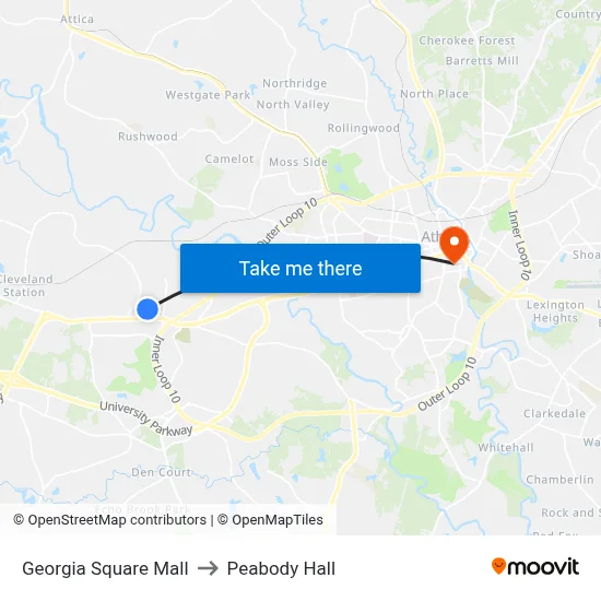 Georgia Square Mall to Peabody Hall map