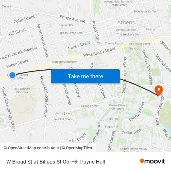 W Broad St at Billups St Ob to Payne Hall map
