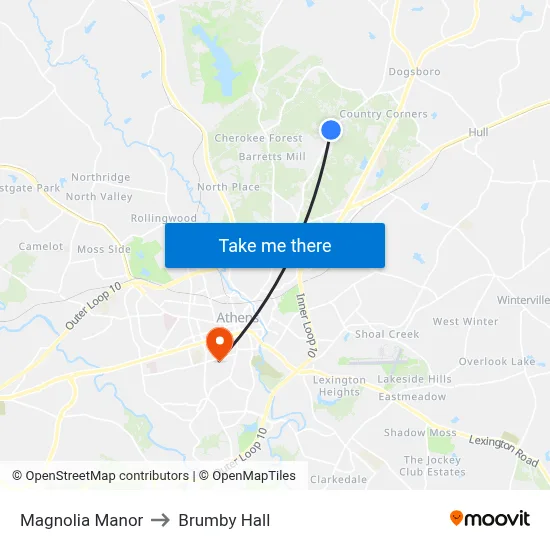 Magnolia Manor to Brumby Hall map