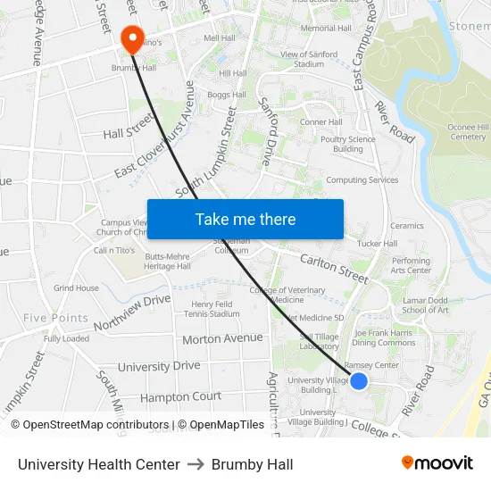 University Health Center to Brumby Hall map