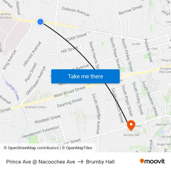 Prince Ave @ Nacoochee Ave to Brumby Hall map