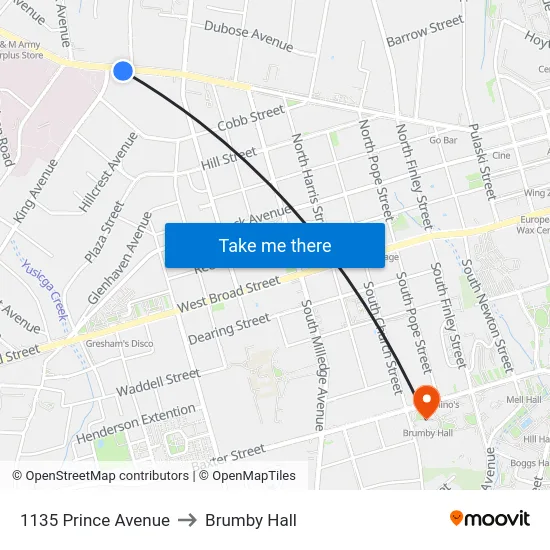 1135 Prince Avenue to Brumby Hall map