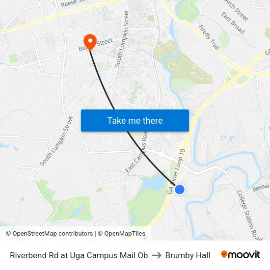 Riverbend Rd at Uga Campus Mail Ob to Brumby Hall map