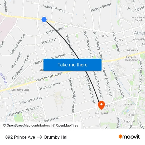 892 Prince Ave to Brumby Hall map