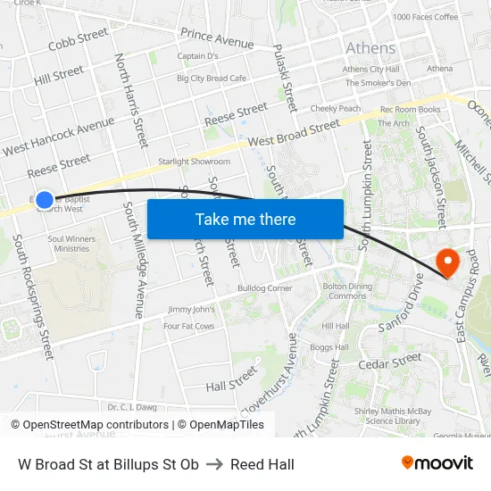W Broad St at Billups St Ob to Reed Hall map