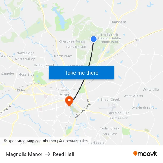 Magnolia Manor to Reed Hall map