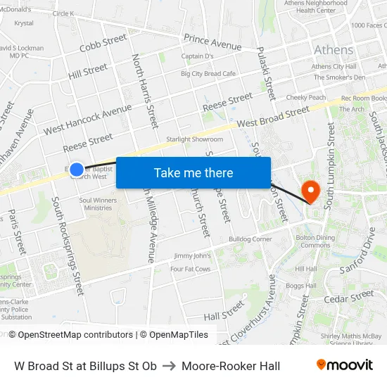 W Broad St at Billups St Ob to Moore-Rooker Hall map