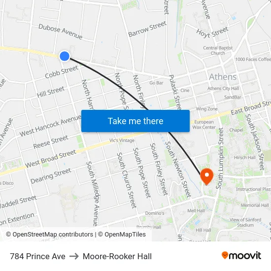 784 Prince Ave to Moore-Rooker Hall map
