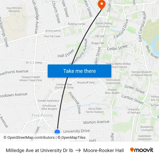 Milledge Ave at University Dr Ib to Moore-Rooker Hall map