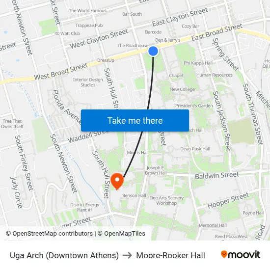 Uga Arch (Downtown Athens) to Moore-Rooker Hall map
