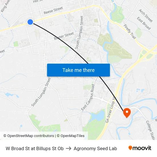 W Broad St at Billups St Ob to Agronomy Seed Lab map