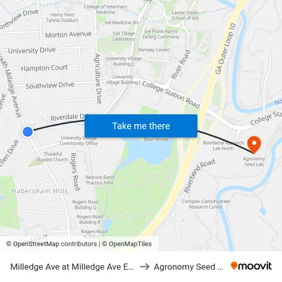Milledge Ave at Milledge Ave Ext Ib to Agronomy Seed Lab map