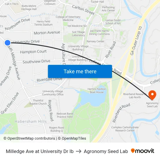 Milledge Ave at University Dr Ib to Agronomy Seed Lab map