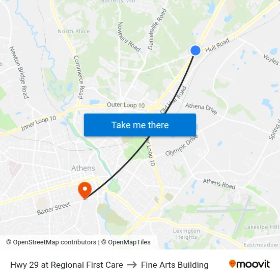 Hwy 29 at Regional First Care to Fine Arts Building map