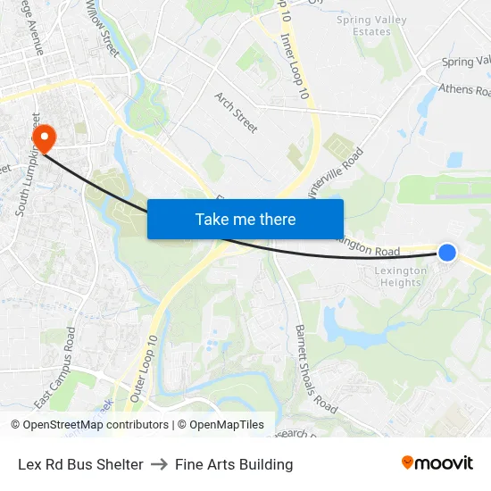 Lex Rd Bus Shelter to Fine Arts Building map