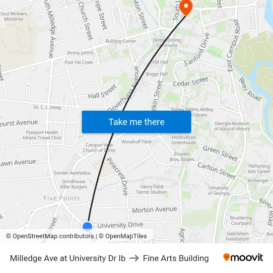 Milledge Ave at University Dr Ib to Fine Arts Building map
