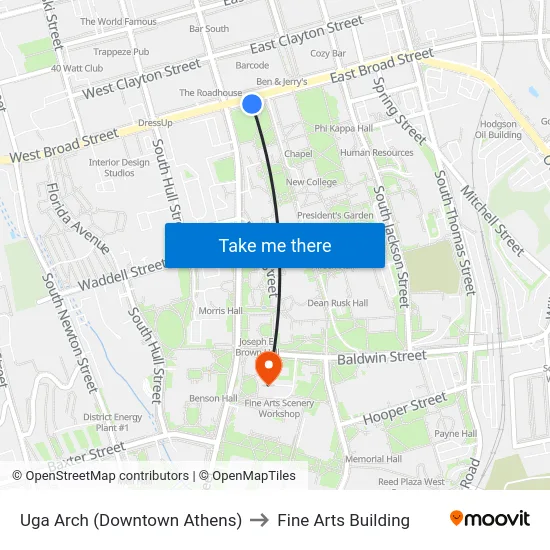 Uga Arch (Downtown Athens) to Fine Arts Building map