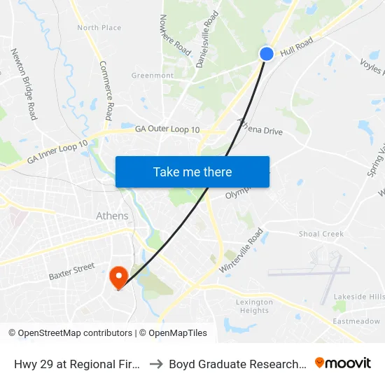 Hwy 29 at Regional First Care to Boyd Graduate Research Center map
